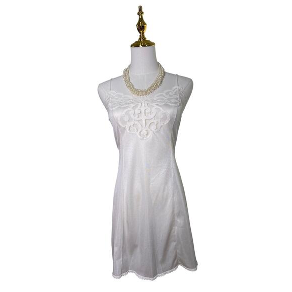 Vintage 60s Euro White Satin Nylon Scallop Lace Mini Slip Dress Women’s Size S - Picture 4 of 9